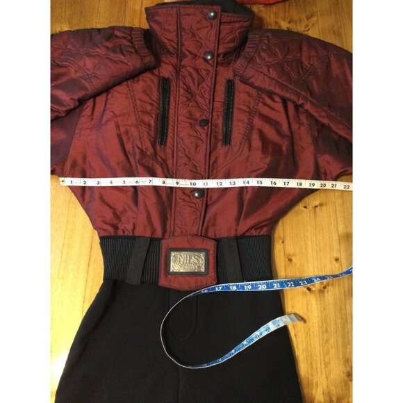 Vintage Nils Womens Ski Suit Stirrups Pockets Iridescent Burgundy Black Size 8 - Picture 11 of 14
